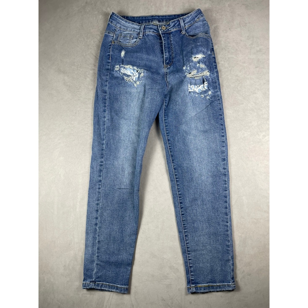 Fashion Denim Womens Size 12 Distressed Lace Patch Skinny Jeans Medium Wash Blue